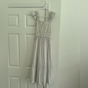 LOFT City Stripe Smocked Ruffle Midi Dress Size Small